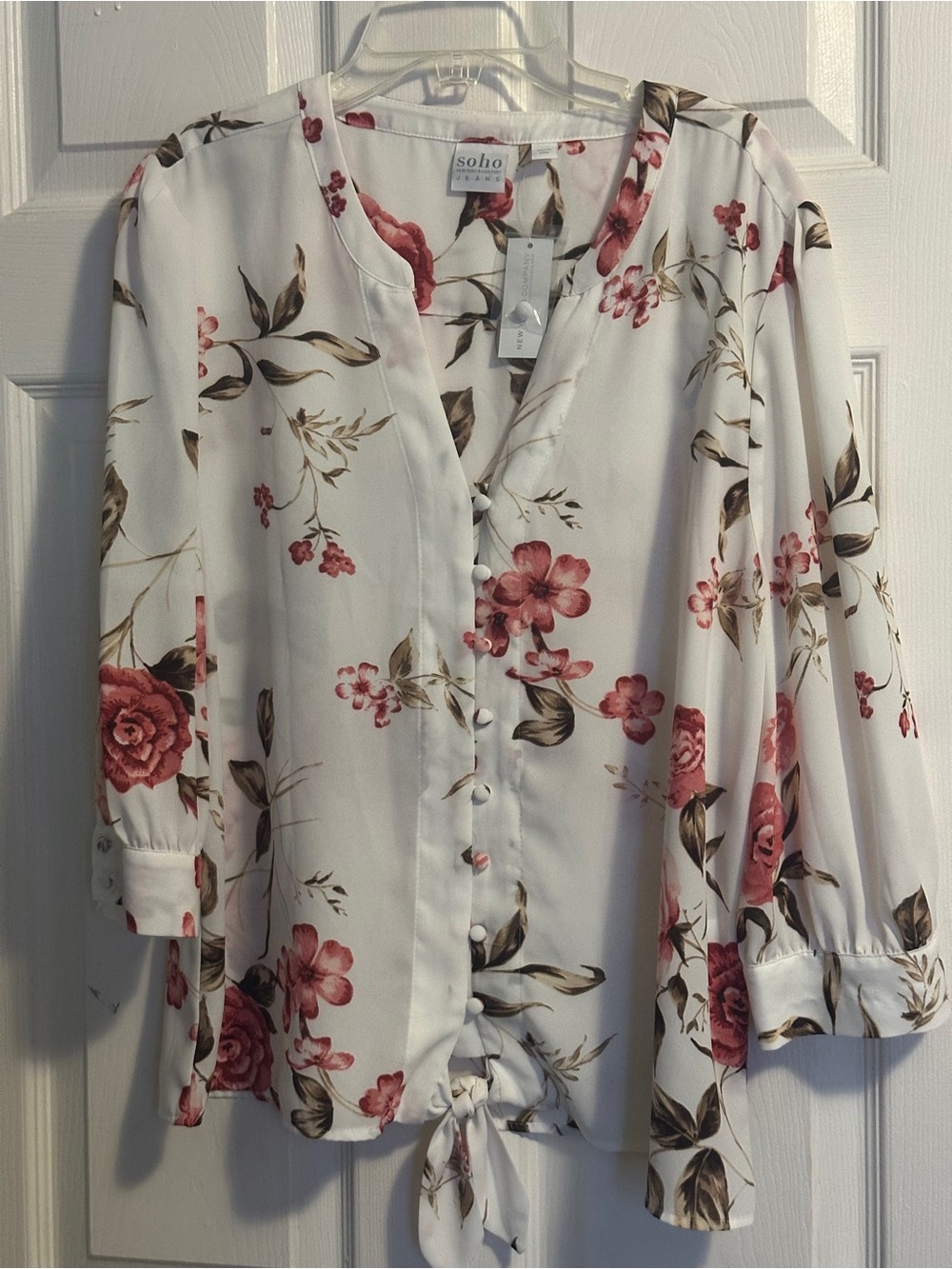 Soho White Floral Tie-Front Blouse with Rose Print